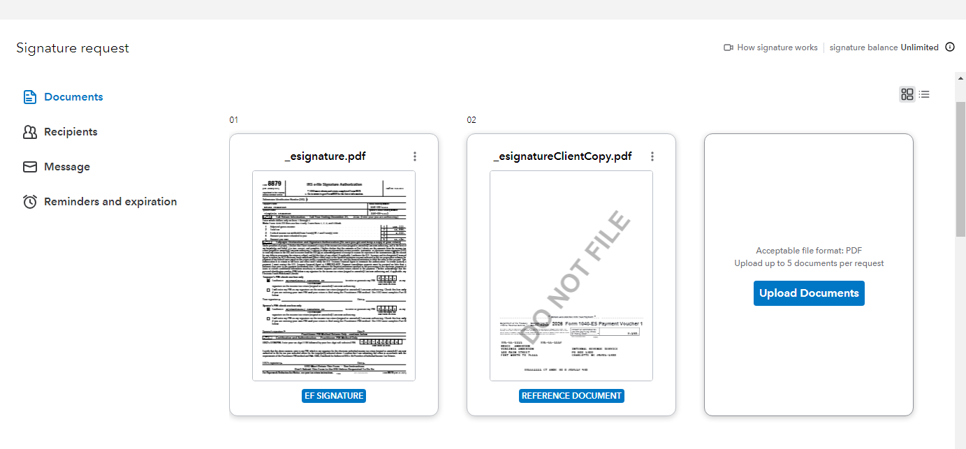 Digital signature request interface with PDF documents