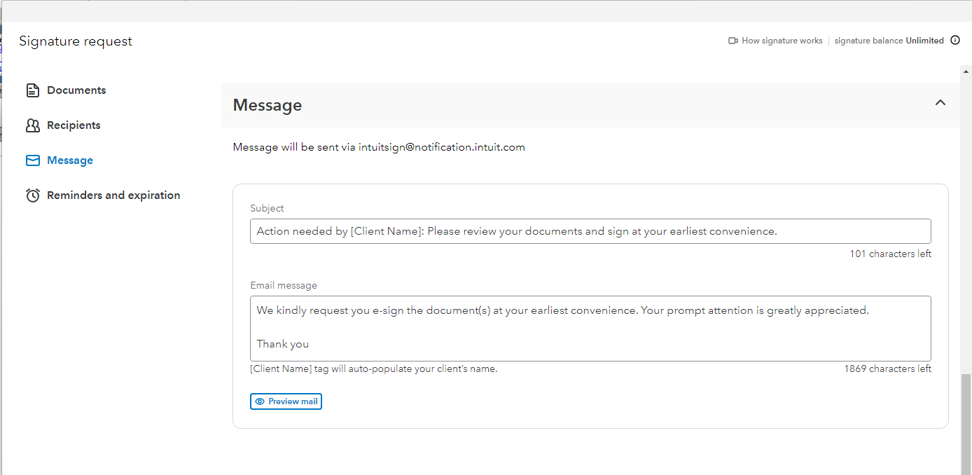 Signature request message interface for document review