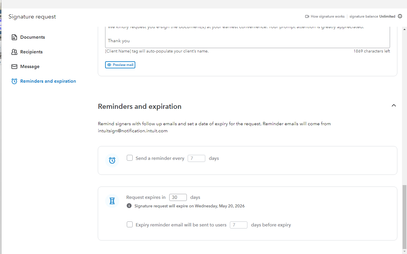 Digital signature request reminders and expiration settings
