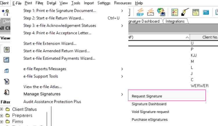 Tax software interface with signature request menu open