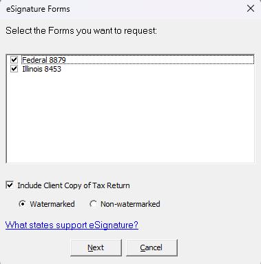 eSignature Forms Selection Screen for Tax Returns