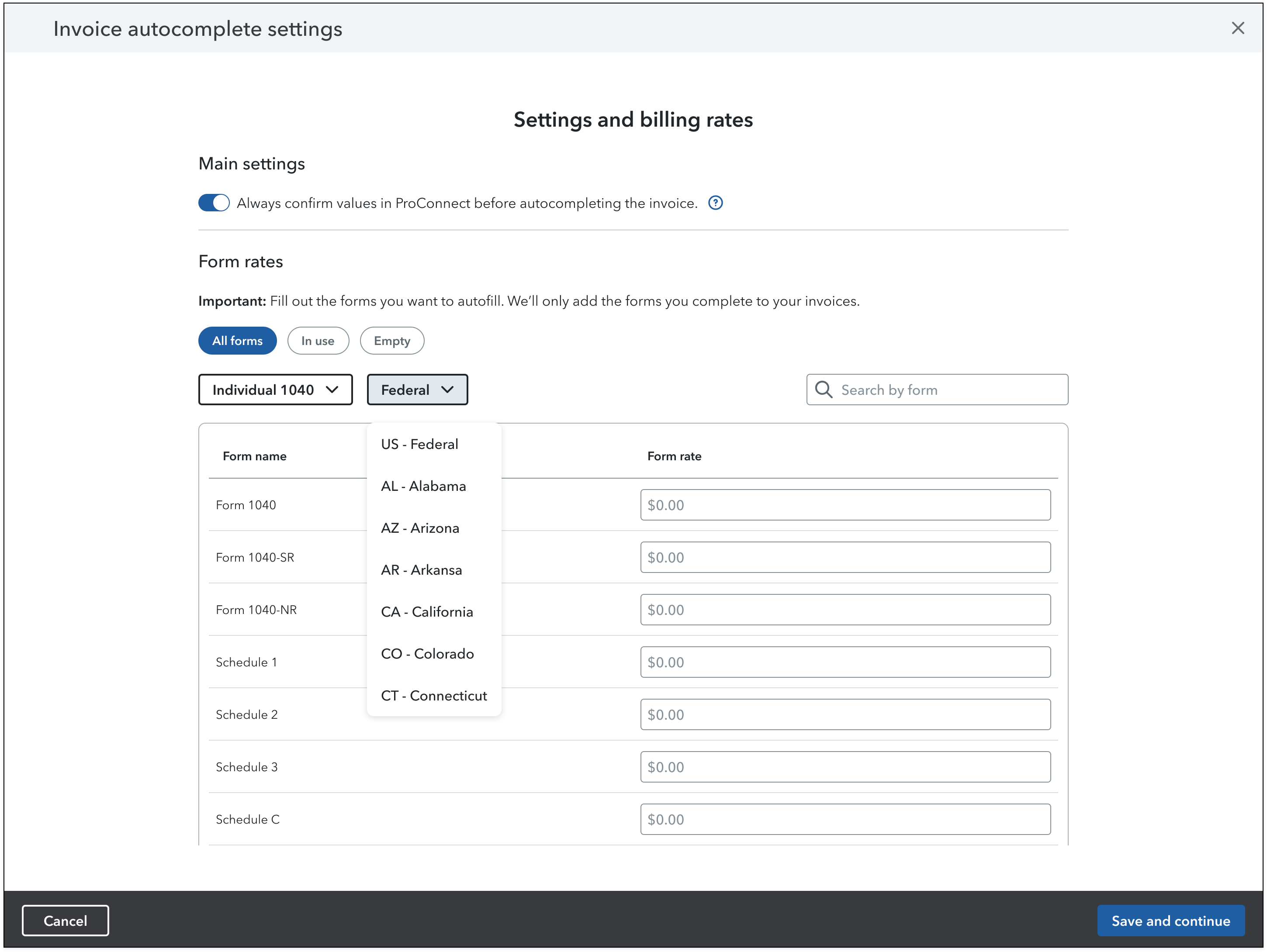 Settings and Billing rates