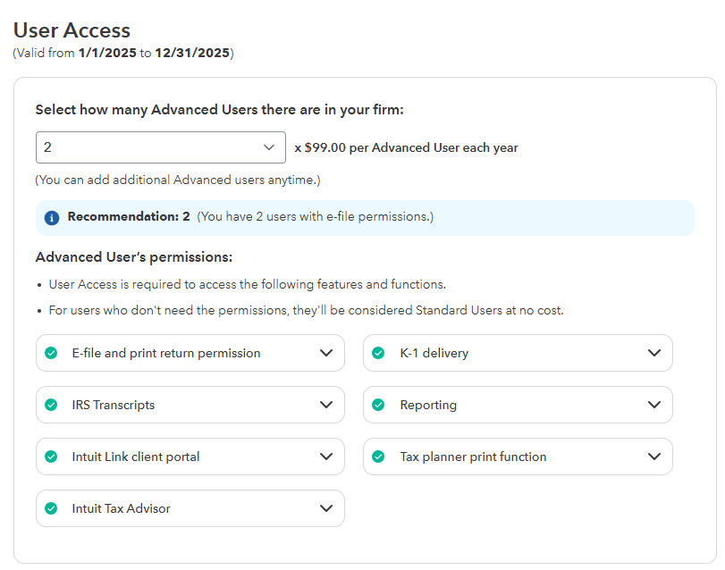 A screen capture of the new User Access screen showing what's covered in User Access and the recommendation box based on the number of users on the firm. 