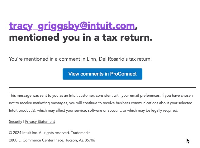 pop up in PTO stating user was mentioned in a tax return. 