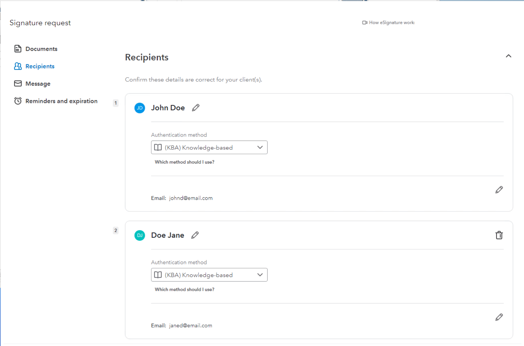 Recipients drop down to choose