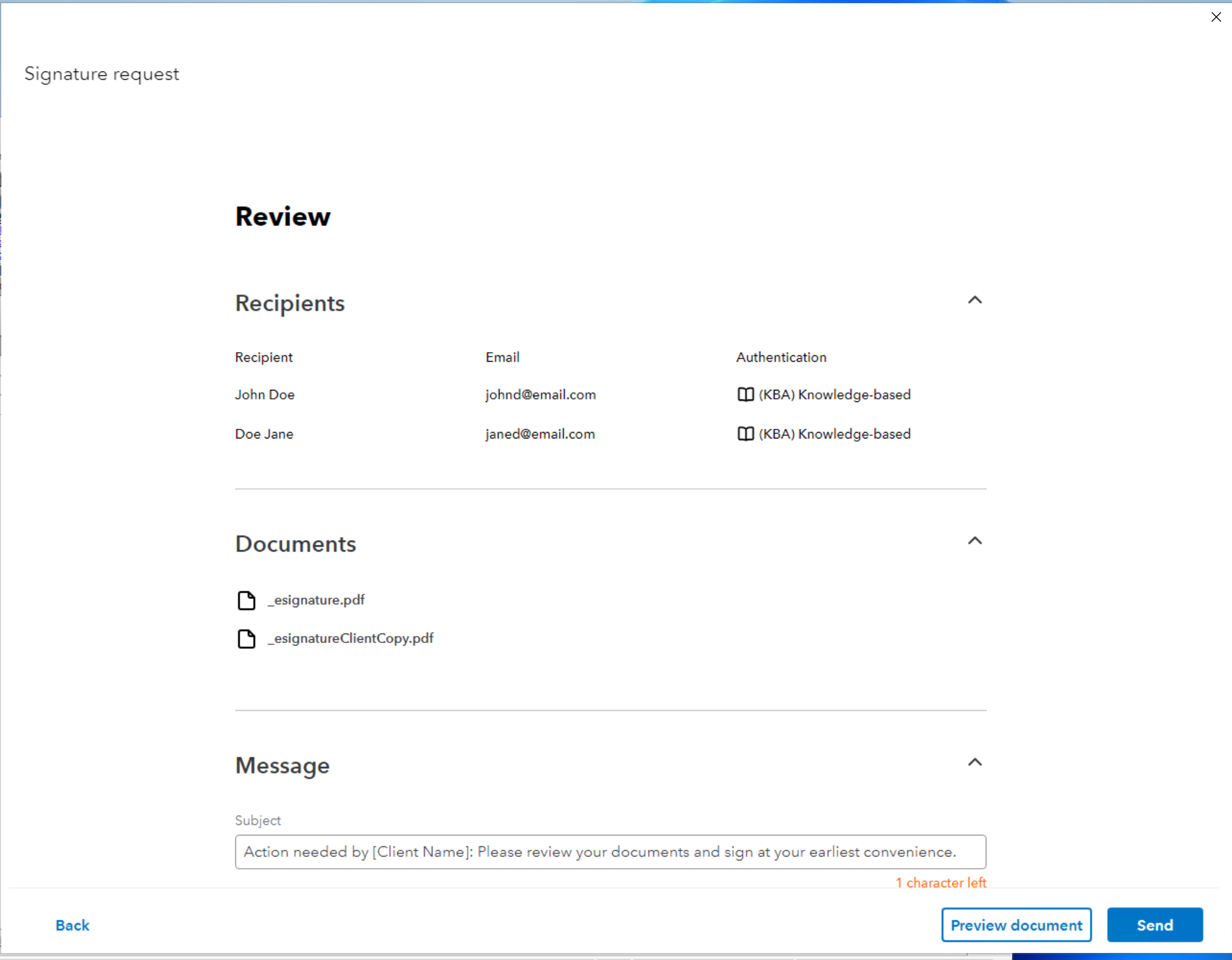 A screen shot showing items to review for Intuit Sign