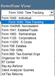 The HomeBase view drop down with the new Form 1040 Time Tracking view highlighted. 