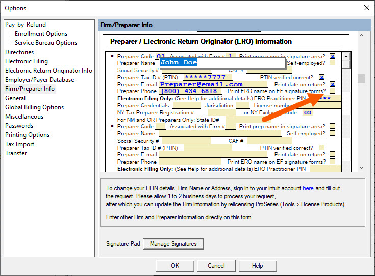 A screen shot of the Options screen of ProSeries with an arrow pointing to the Print ERO name on EF signature forms checkbox.