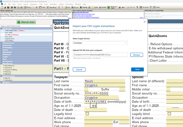 ProSeries dialog box showing the crypo service selected on the top line and the file selected on the second line. 