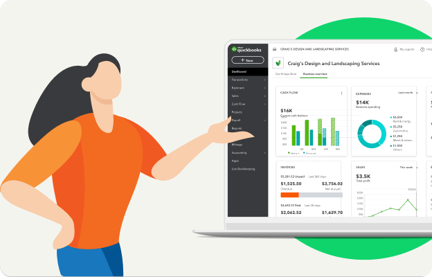 illustration of a woman pointing at a laptop with real quickbooks dashboard screen.