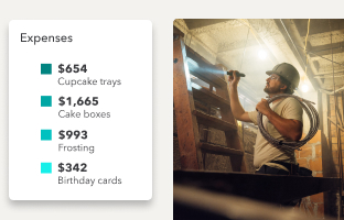 product ui shows expenses of a bakery business next to a photo of a man in construction hat holding a phone