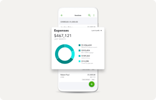 quickbooks UI on an illustrative mobile device with a pop up on top