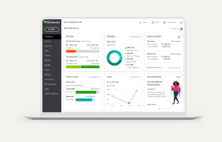 quickbooks dashboard screen mocked up in an illustrated laptop