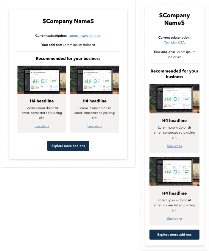 A desktop and mobile image of a personalization email component with customer and relevant info