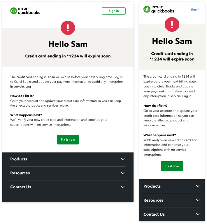 A desktop and mobile image of a personalized QuickBooks critical comms email