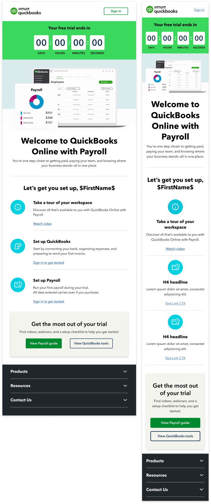 A desktop and mobile image of a trial conversion email for QuickBooks Online with Payroll 