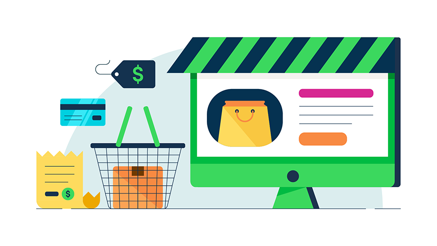 a green computer monitor that looks like a storefront next to a shopping bag, credit card, and price tag.