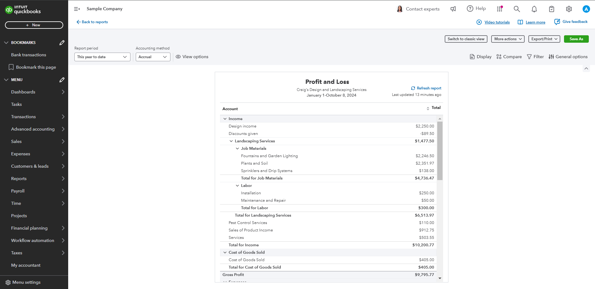 Screenshot of a standard report in QuickBooks Online