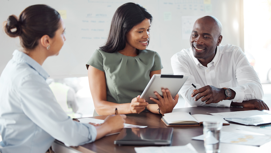 A group of people discusses finances.