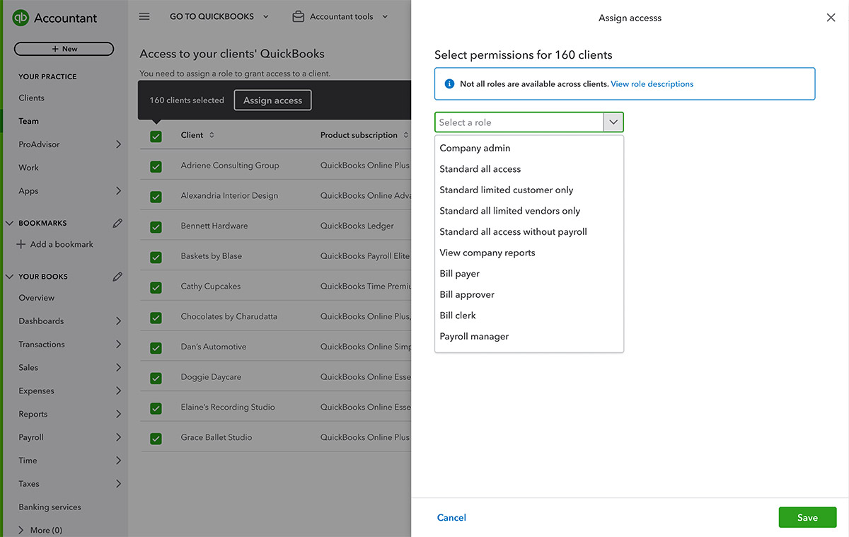 A screen shot of role-based access on QuickBooks.