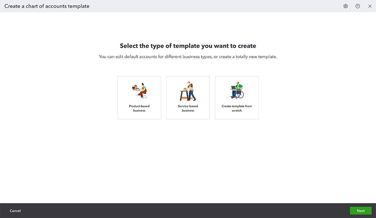 A screenshot of chart of accounts template on QuickBooks