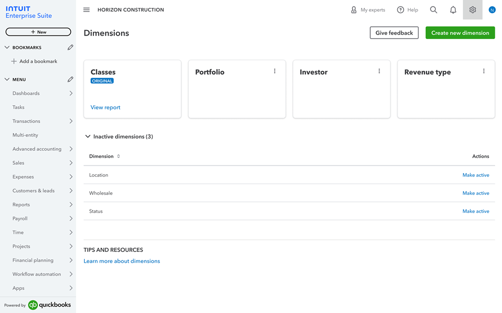 Intuit Enterprise Suite dimensions view