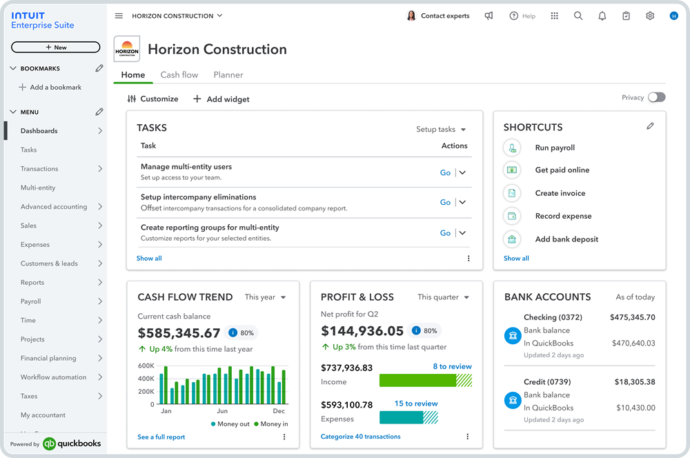 Intuit Enterprise Suite home dashboard