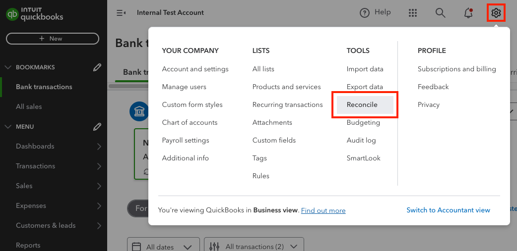 Navigating to the Gear icon, then the Reconcile section in QuickBooks Online.