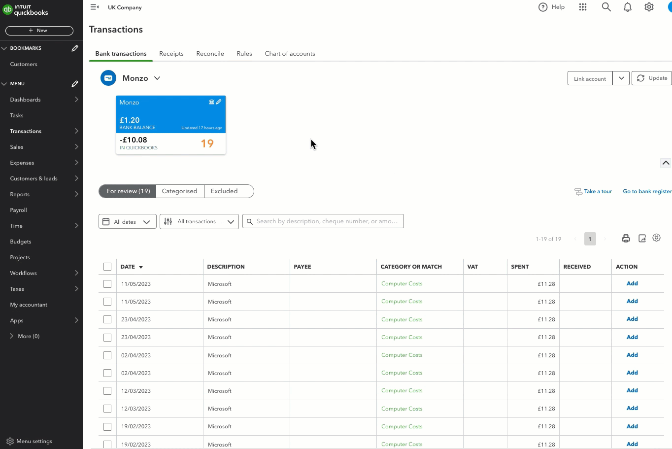 Banking screen in QuickBooks Online.