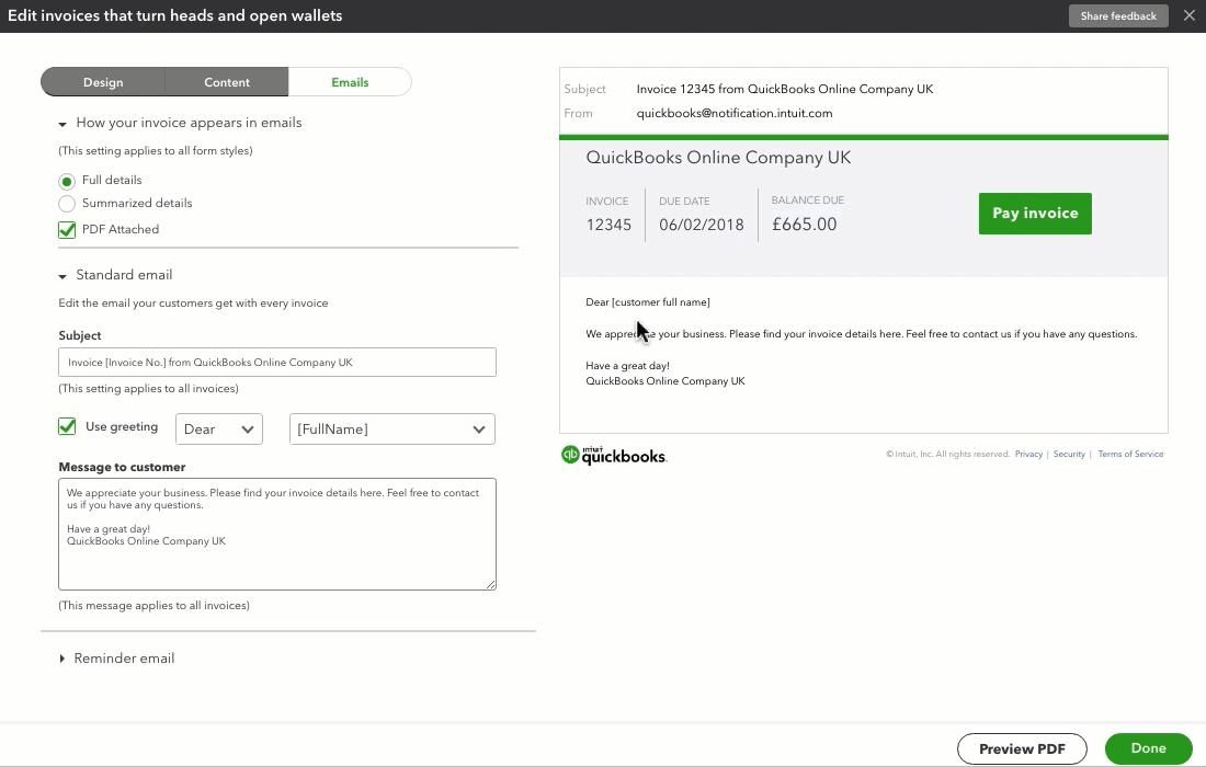 Customise invoices estimates and sales receipts in QuickBooks Online