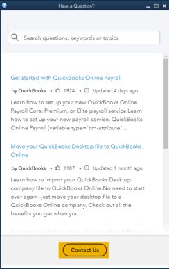 Contact us button in QuickBooks Help in QuickBooks Desktop.