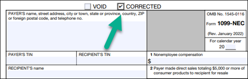 A 1099-NEC with an arrow pointing toward the corrected checkbox that is checked.