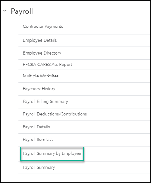 A screen shot of the payroll summary by employee report option.