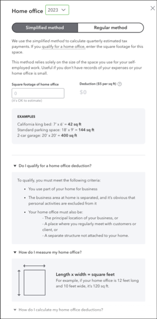 Image of the Home office simplified method calculation in QuickBooks Online.