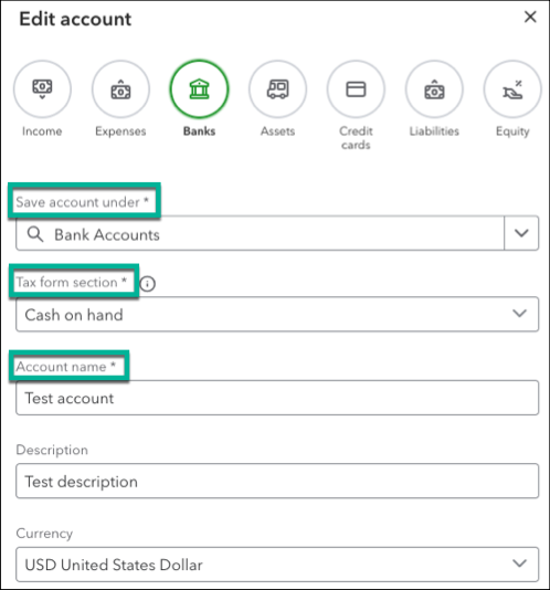 Edit account menu with highlighted fields for Chart of Accounts in QuickBooks Online.