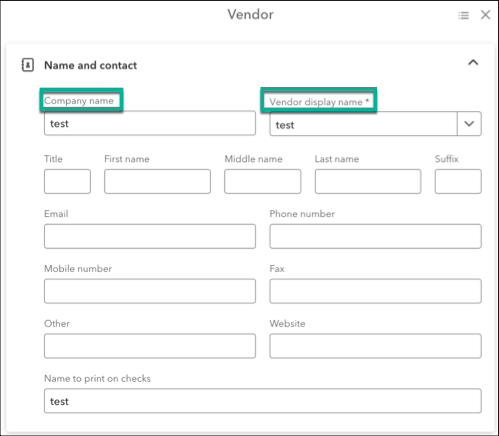 Vendor edit menu with highlights of the Company name and Vendor display name fields in QuickBooks Online.