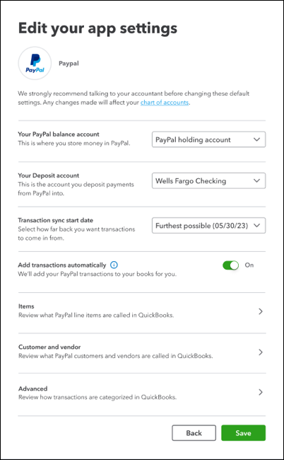 Image of the settings screen of the PayPal Connector by QuickBooks.