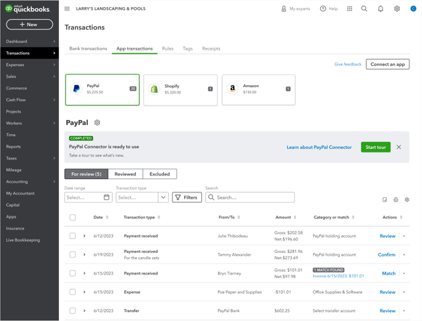 Image showing PayPal transactions on the App transactions screen of QuickBooks Online.