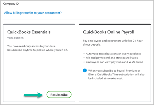 Highlight of the Resubscribe button found in QuickBooks Online.