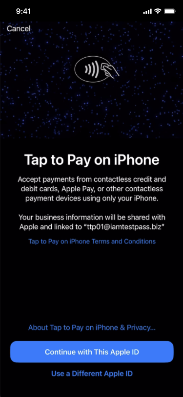 Tap to Pay on iPhone setup screen to select the current or different Apple ID.