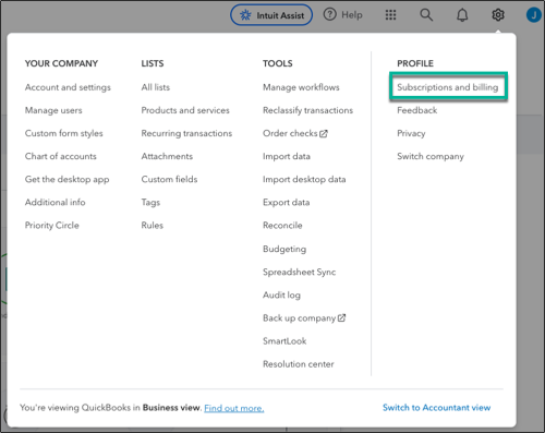 Highlight of the Subscriptions and billing option in the Settings menu of QuickBooks Online.