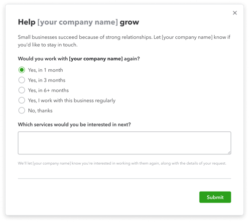 Image of post-invoice survey in QuickBooks Online.