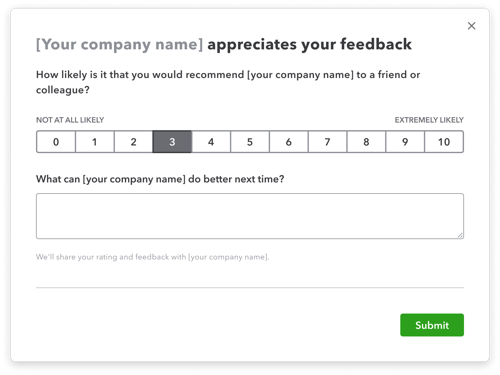 Image of the post-invoice customer survey in QuickBooks Online.