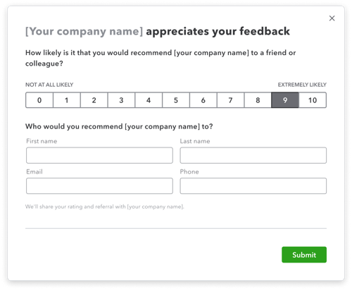 Image of the post-invoice customer survey in QuickBooks Online.