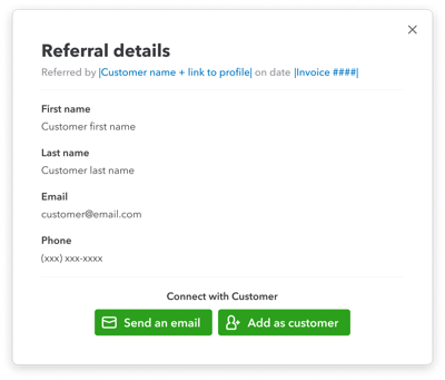 Image of customer referral details in QuickBooks Online.