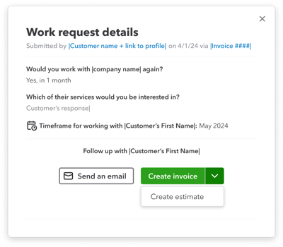 Image of the work request details for a repeat customer in QuickBooks Online.