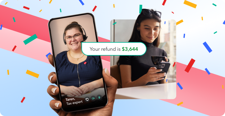 A young woman looking down and smiling at her smartphone with confetti in the background. The secondary image is of Taren, a tax expert with TurboTax and the text “your refund is $3,644”.