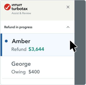 The TurboTax mobile app UI with “Refund in progress” headline and two spousal returns tabs and amounts.