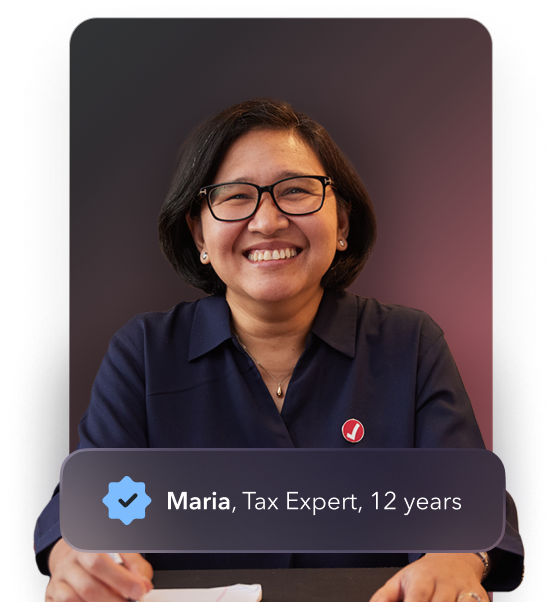 Maria, a TurboTax expert with 11 years of experience smiling warmly next to a TurboTax Full Service guarantee badge. Second and third images of Dhiren and Taren, TurboTax experts.