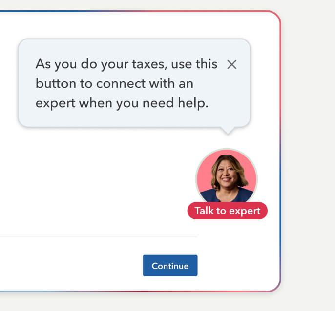 A TurboTax screen featuring a "Talk to expert" button and a tooltip explaining how to connect with a tax professional.
